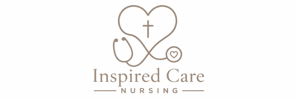 Inspired Care Nursing logo featuring a heart, cross, and stethoscope in a minimalist Christian healthcare design.