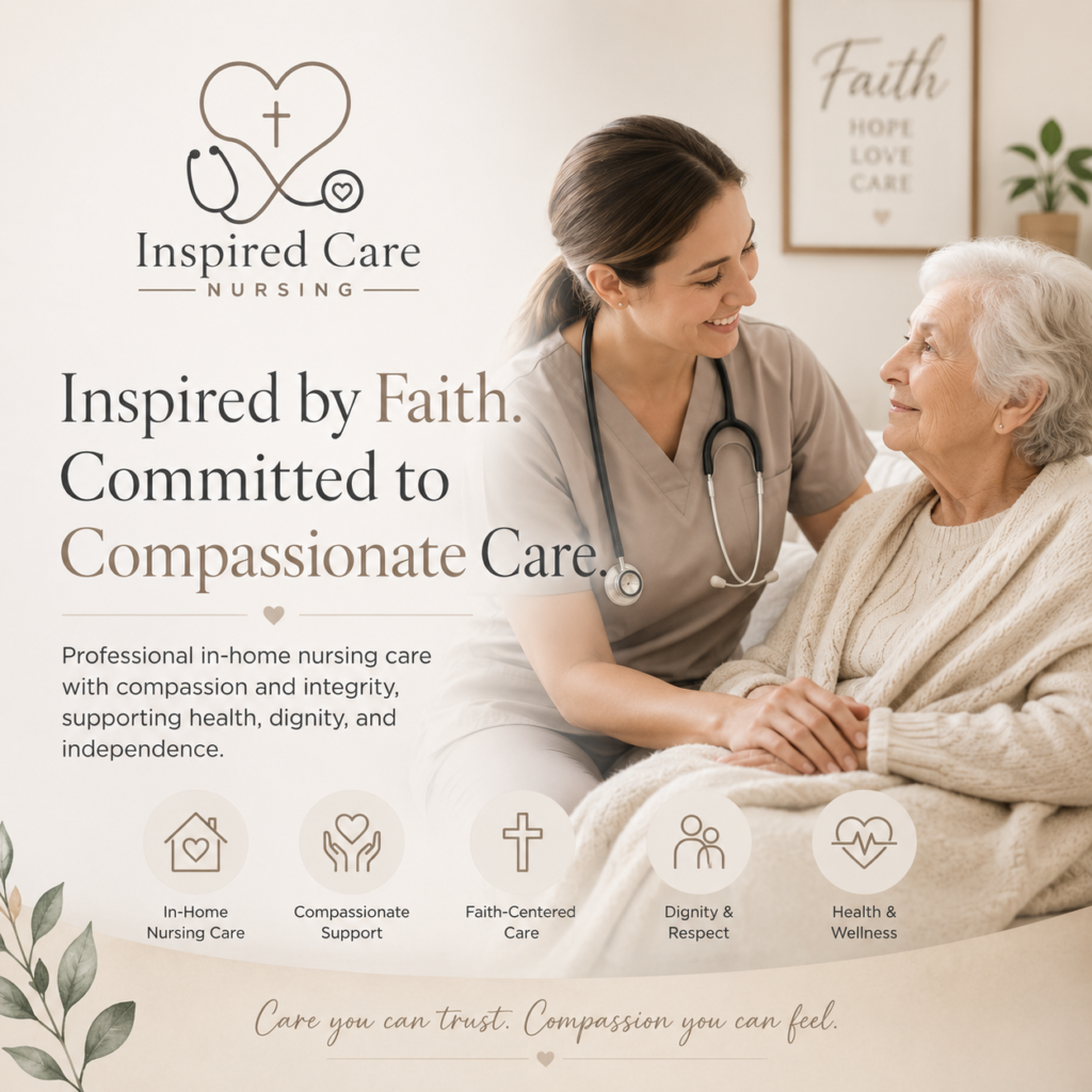 Compassionate in-home nursing care image featuring a nurse supporting an elderly woman with faith-inspired healthcare branding.