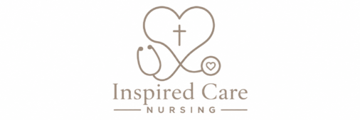 Inspired Care Nursing logo featuring a heart, cross, and stethoscope in a minimalist Christian healthcare design.