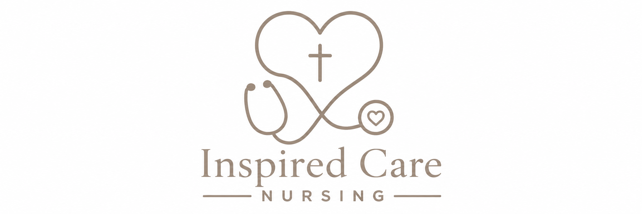 Inspired Care Nursing logo featuring a heart, cross, and stethoscope in a minimalist Christian healthcare design.